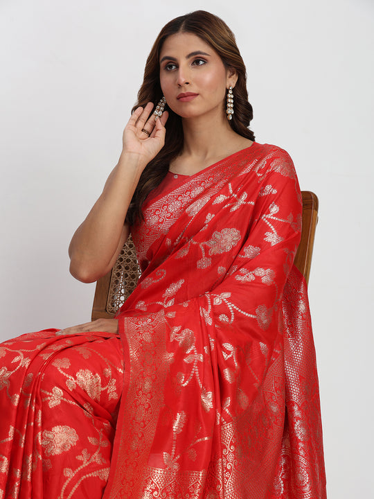 Red Banarasi Silk Saree With Blouse Piece