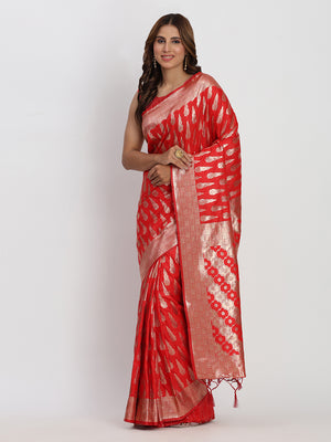 Red Banarasi Silk Saree With Blouse Piece