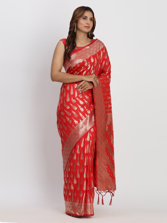 Red Banarasi Silk Saree With Blouse Piece