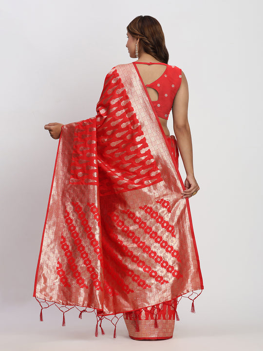 Red Banarasi Silk Saree With Blouse Piece