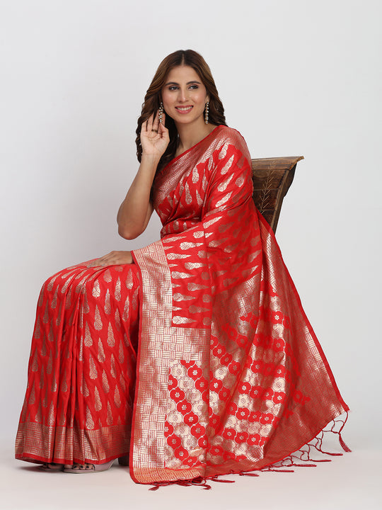 Red Banarasi Silk Saree With Blouse Piece