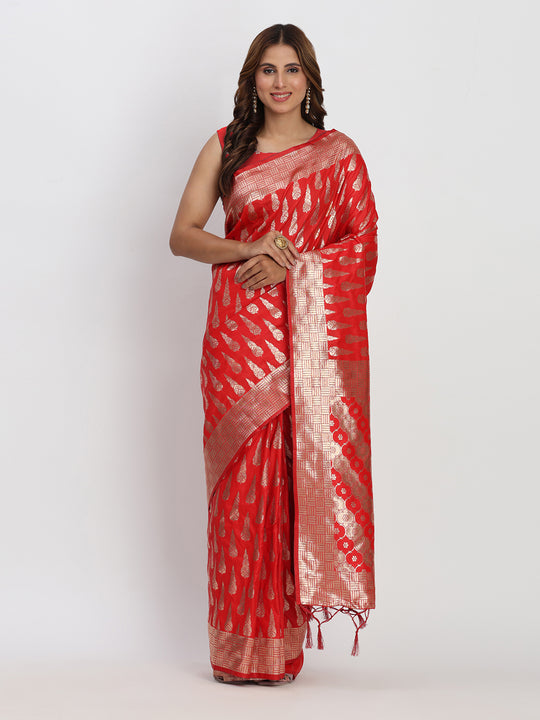 Red Banarasi Silk Saree With Blouse Piece
