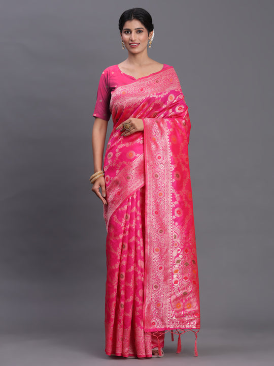 Pink Banarasi Silk Saree With Blouse Piece