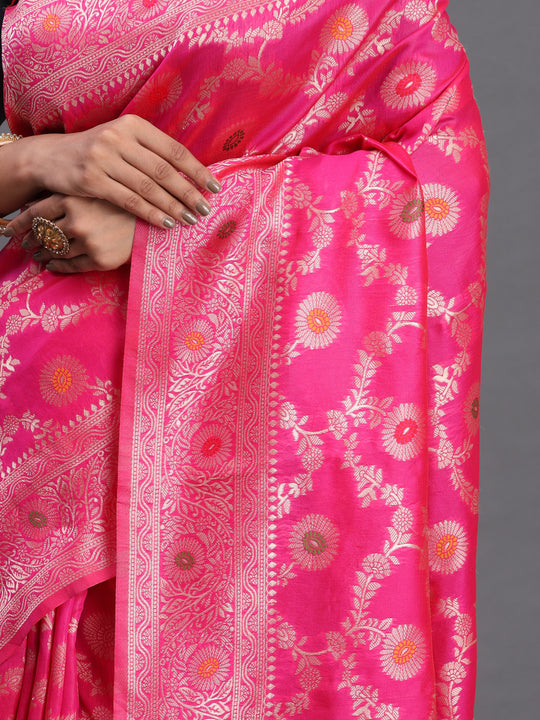 Pink Banarasi Silk Saree With Blouse Piece