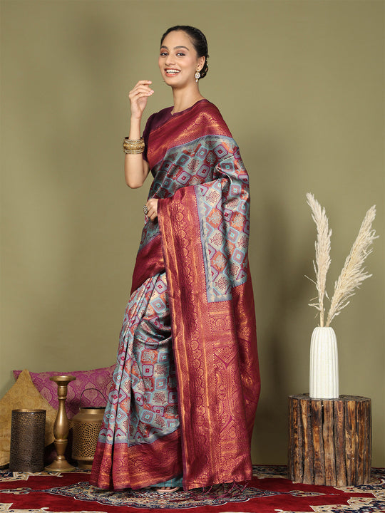 Teal Lichi Silk Saree With Blouse Piece
