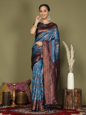 Sky Blue Lichi Silk Saree With Blouse Piece