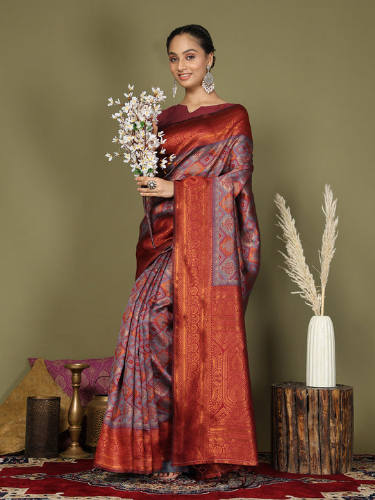 Grey Lichi Silk Saree With Blouse Piece