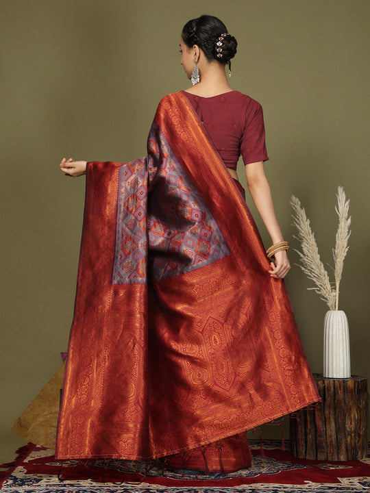 Grey Lichi Silk Saree With Blouse Piece