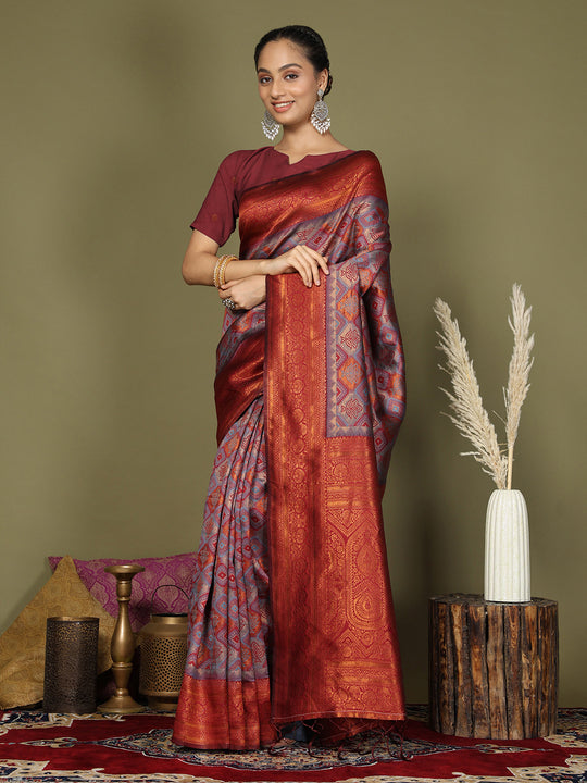 Grey Lichi Silk Saree With Blouse Piece