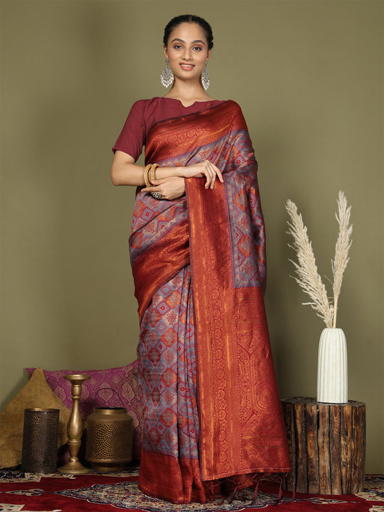 Grey Lichi Silk Saree With Blouse Piece