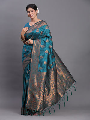 Teal Blue Silk Saree With Blouse Piece
