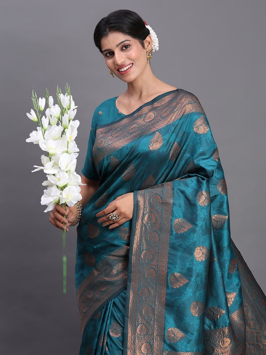 Teal Blue Silk Saree With Blouse Piece