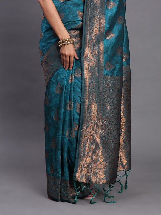 Teal Blue Silk Saree With Blouse Piece
