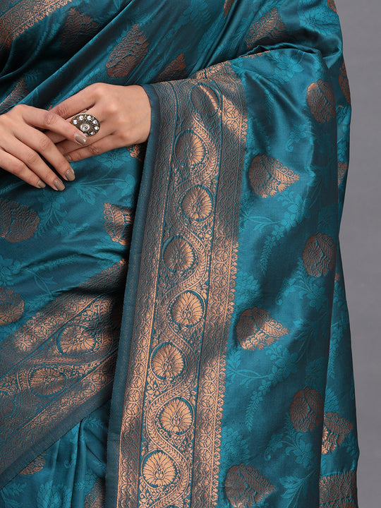 Teal Blue Silk Saree With Blouse Piece