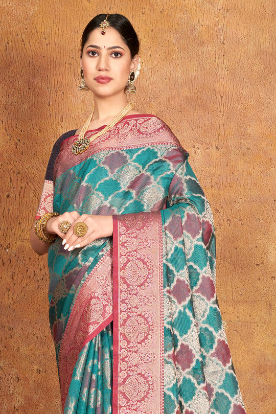 Teal Blue Organza Saree