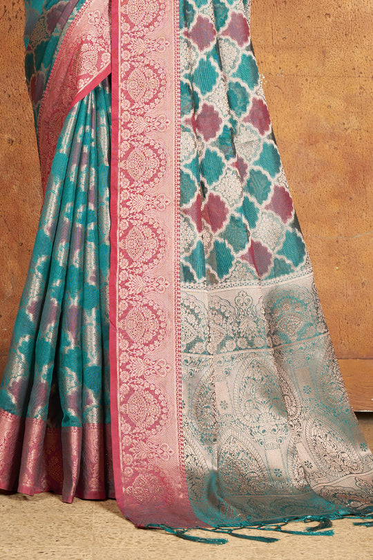 Teal Blue Organza Saree