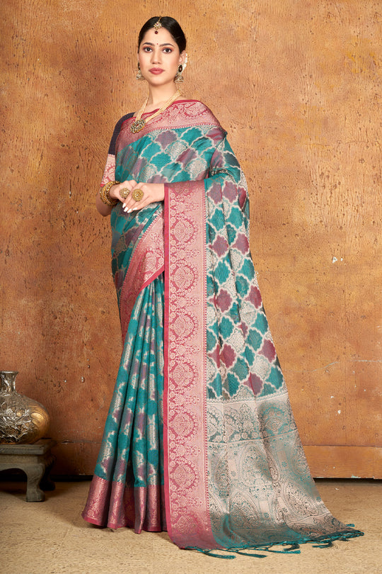 Teal Blue Organza Saree