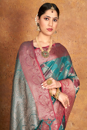 Teal Blue Organza Saree