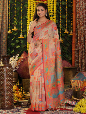 Off White Linen Cotton Saree With Blouse Piece