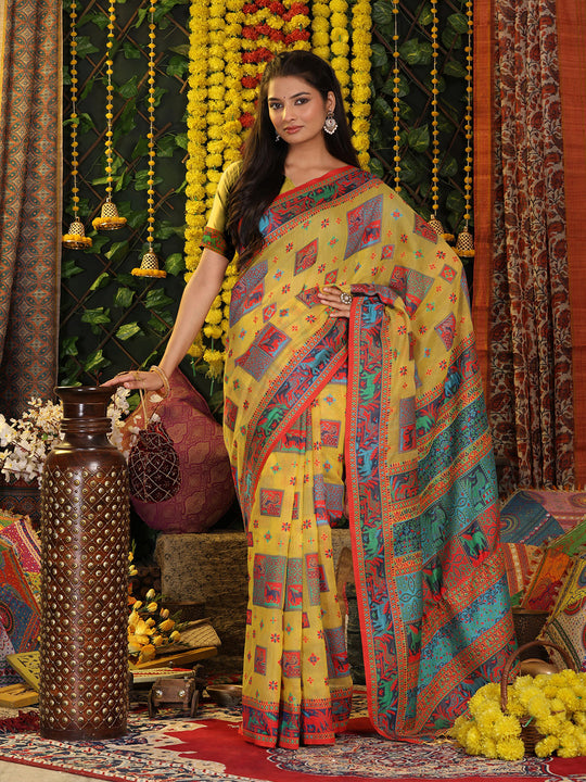 Yellow Linen Cotton Saree With Blouse Piece