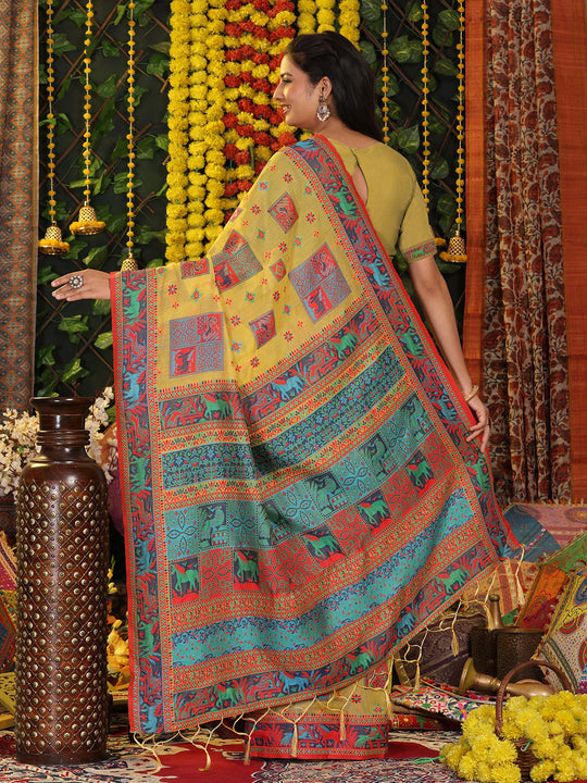 Yellow Linen Cotton Saree With Blouse Piece