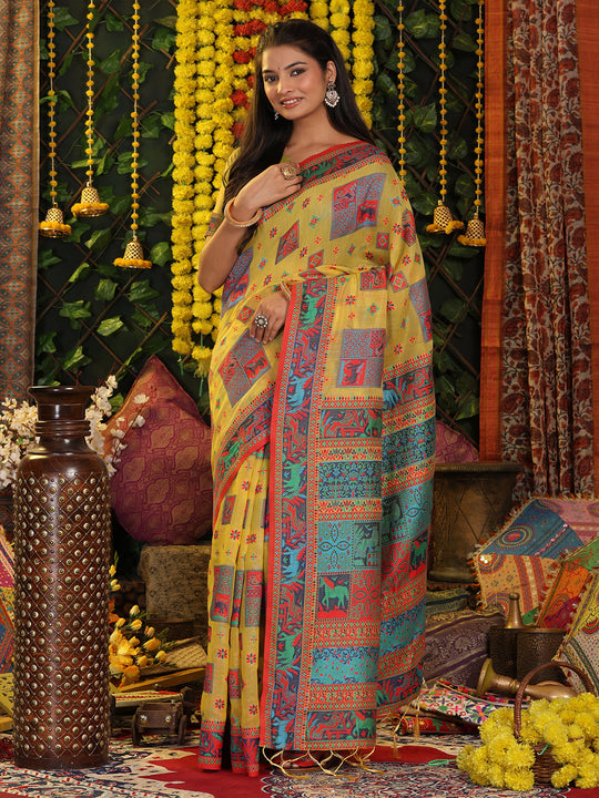 Yellow Linen Cotton Saree With Blouse Piece