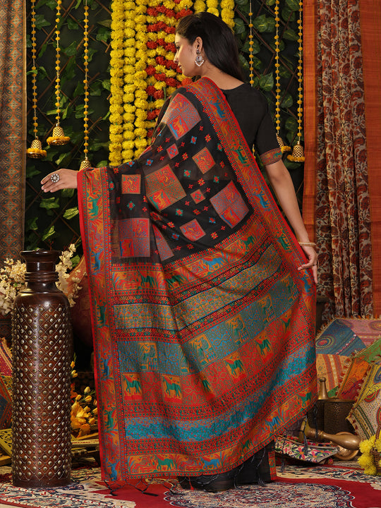 Black Linen Cotton Saree With Blouse Piece