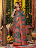 Rama Green Linen Cotton Saree With Blouse Piece