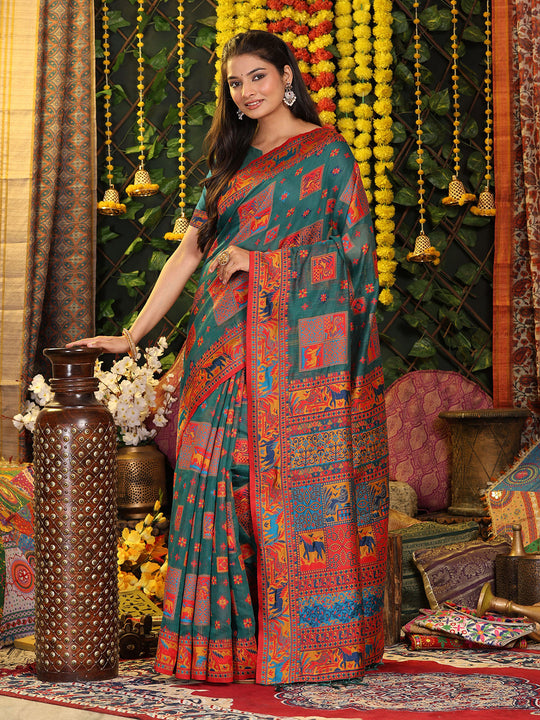 Rama Green Linen Cotton Saree With Blouse Piece