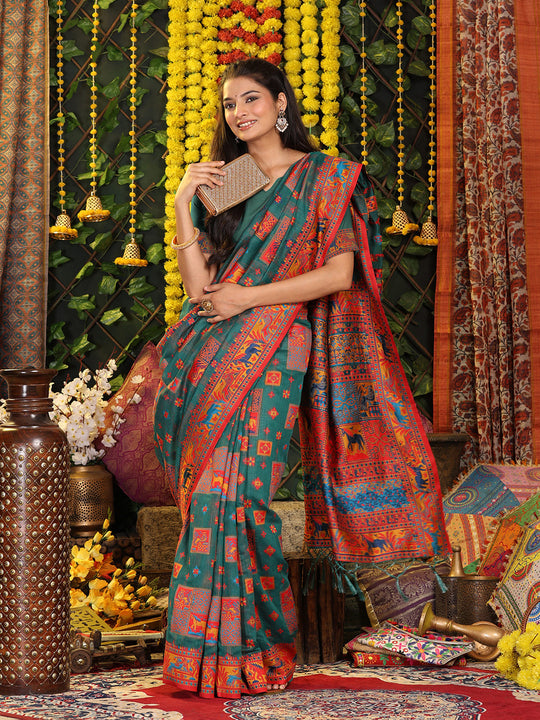 Rama Green Linen Cotton Saree With Blouse Piece