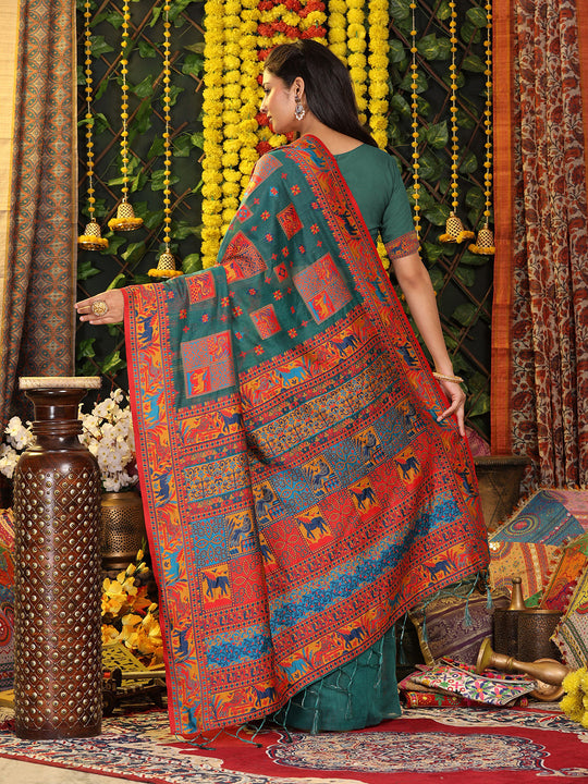 Rama Green Linen Cotton Saree With Blouse Piece