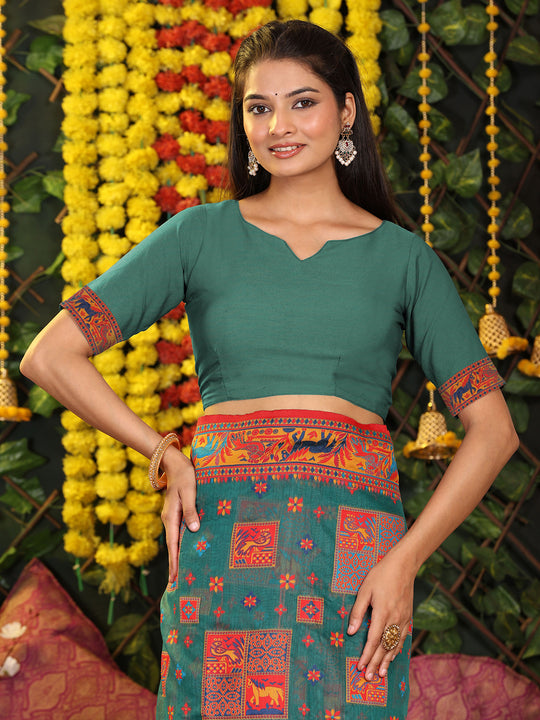 Rama Green Linen Cotton Saree With Blouse Piece