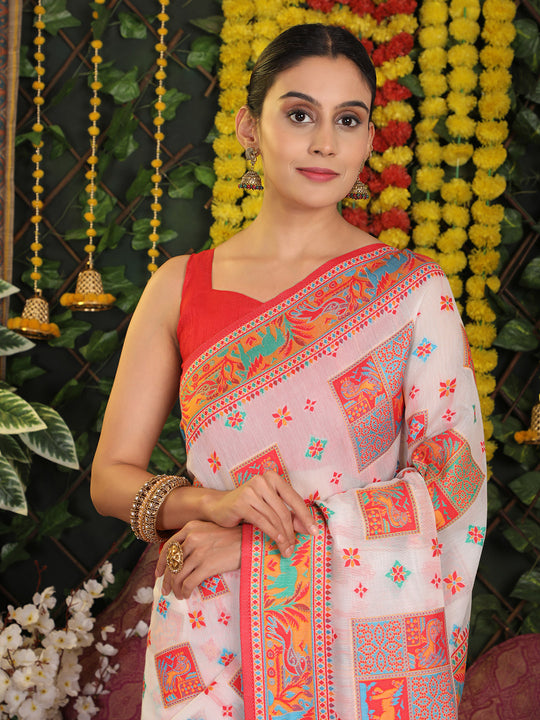 White Linen Cotton Saree With Blouse Piece