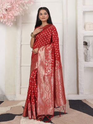 Red Lichi Silk Saree With Blouse Piece