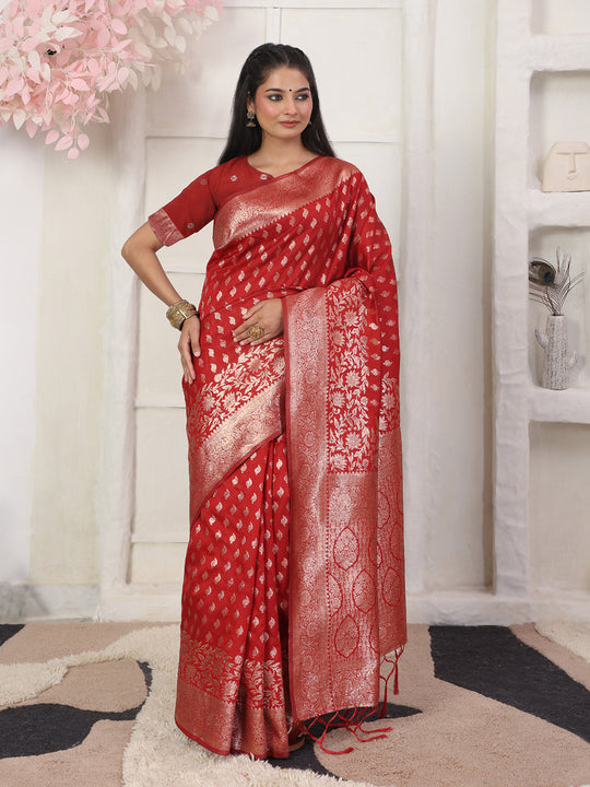 Red Lichi Silk Saree With Blouse Piece