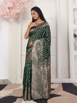 Green Lichi Silk Saree With Blouse Piece