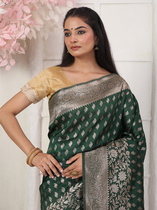 Green Lichi Silk Saree With Blouse Piece