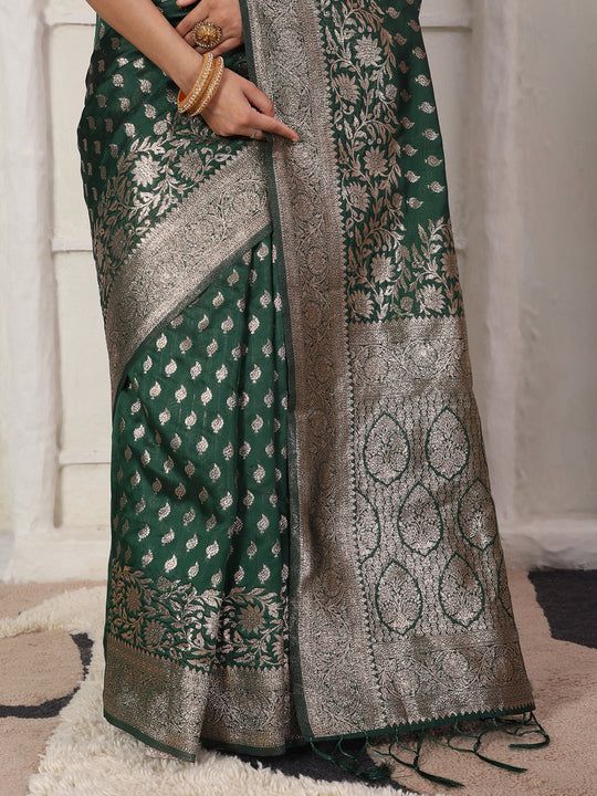 Green Lichi Silk Saree With Blouse Piece