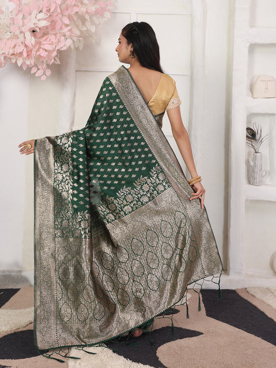 Green Lichi Silk Saree With Blouse Piece