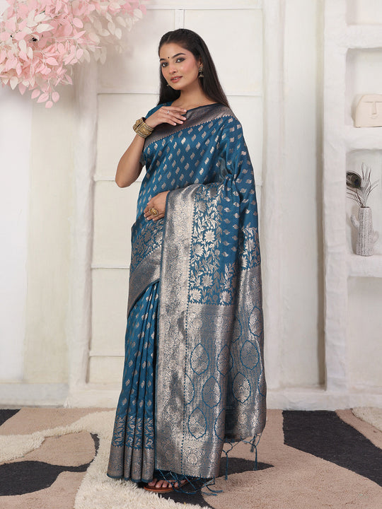 Blue Lichi Silk Saree With Blouse Piece