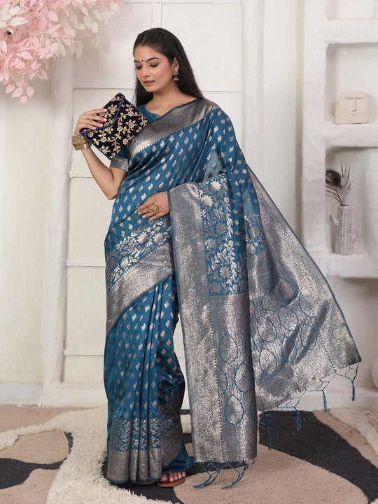 Blue Lichi Silk Saree With Blouse Piece