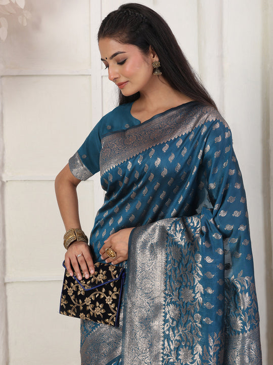 Blue Lichi Silk Saree With Blouse Piece