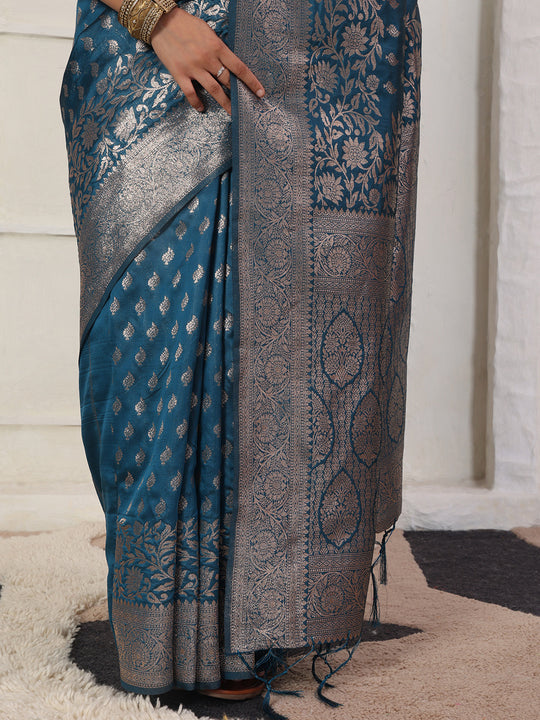 Blue Lichi Silk Saree With Blouse Piece