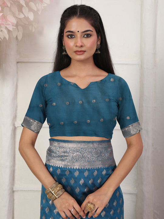 Blue Lichi Silk Saree With Blouse Piece