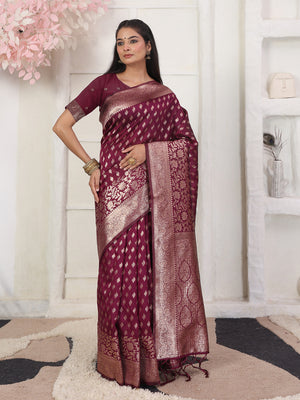 Wine Lichi Silk Saree With Blouse Piece