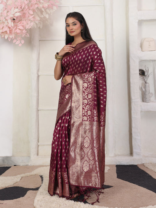 Wine Lichi Silk Saree With Blouse Piece