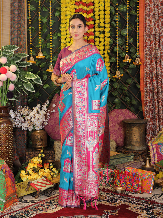 Sky Blue Silk Saree With Blouse Piece