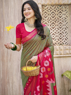 Mhendi Green Pochampalli Silk Saree With Blouse Piece