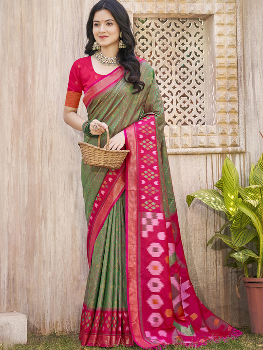 Mhendi Green Pochampalli Silk Saree With Blouse Piece