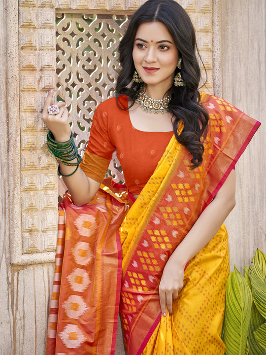 Mustard Yellow Pochampalli Silk Saree With Blouse Piece